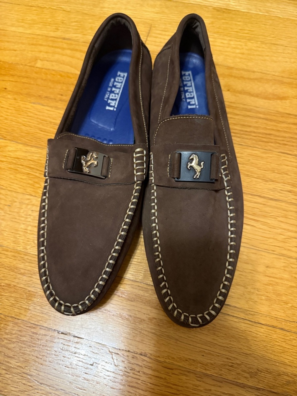 Ferrari Brown Suede Slip-On Loafers with Gold Emblem